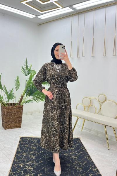 Küçük Leopar Desenli Elbise Tesettür Giyim