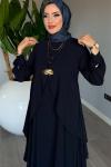 Lacivert Özlem Elbise Gold Broşlu Tam Boy Özel Tasarım Tesettür Giyim