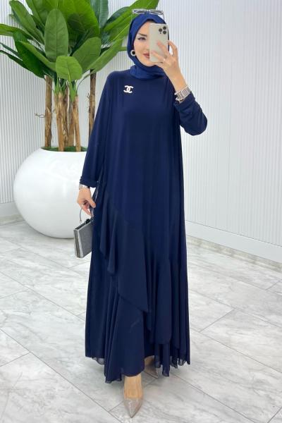 Lacivert Broşlu Gülşah Elbise Tesettür Giyim