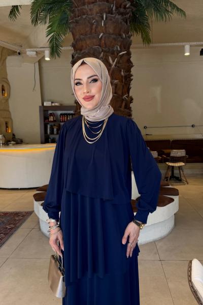 Lacivert Hürrem Sendi Kumaş Tam Boy Tesettür Elbise