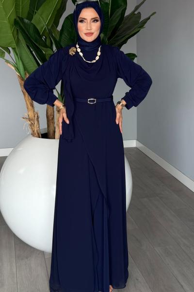 Lacivert Linet Kemerli Tulum Premium Seri Tasarım Tesettür Giyim