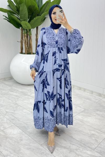 Lacivert Yaprak Desen Elbise Tesettür Giyim
