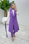 Lila Broşlu Ala Yelek Takım Tesettür Giyim