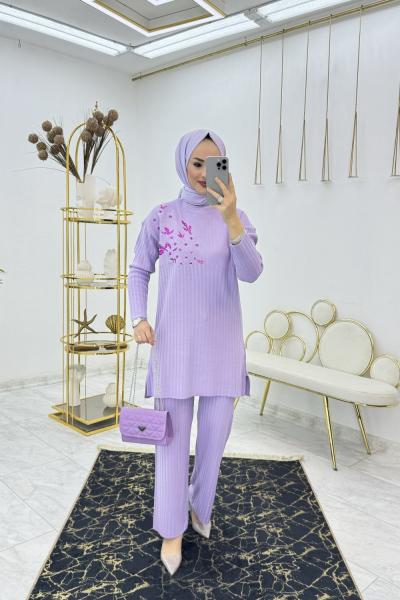 Lila Pullu Triko Takım Tesettür Giyim