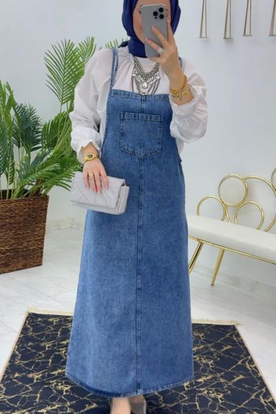 Mavi Kot Salopet Tek Cep Tesettür Giyim