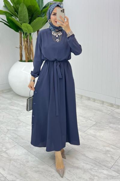 Mavi Premium Düğmeli Elbise Tesettür Giyim
