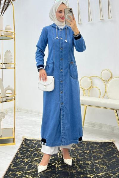 Mavi Ribanalı Kot Kap Tesettür Giyim