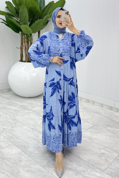 Mavi Yaprak Desen Elbise Tesettür Giyim