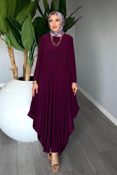 Mor Eslem Elbise Soğuk Sendi Kumaş Cepli Tam Boy Tesettür Giyim