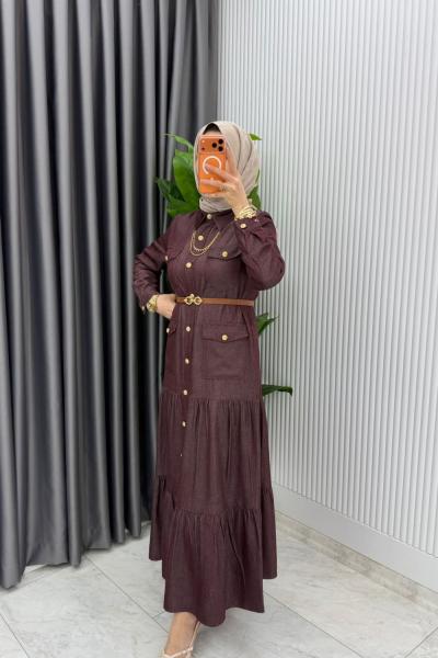 Mürdüm  Kemerli Eslem Kot Elbise Tesettür Giyim