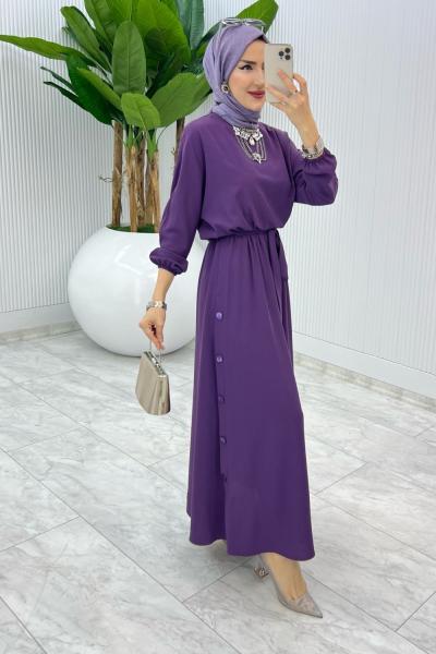 Mürdüm Premium Düğmeli Elbise Tesettür Giyim