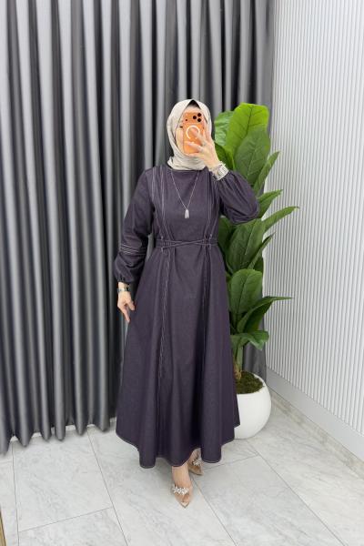 Mürdüm Premium Bağcıklı Kot Elbise Tesettür Giyim