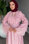 Pembe Puantiyeli Tensel Tül Kumaş Premium Seri Tesettür Giyim