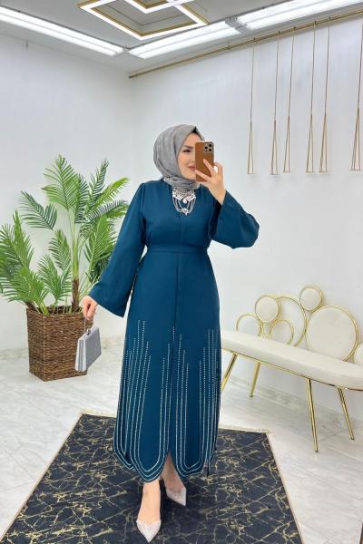 Petrol Lazerli Ferace Tesettür Giyim