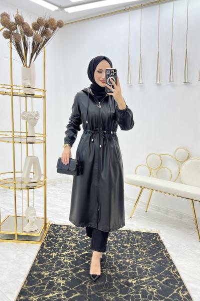 Siyah Aslıhan Kap Deri Tesettür Giyim