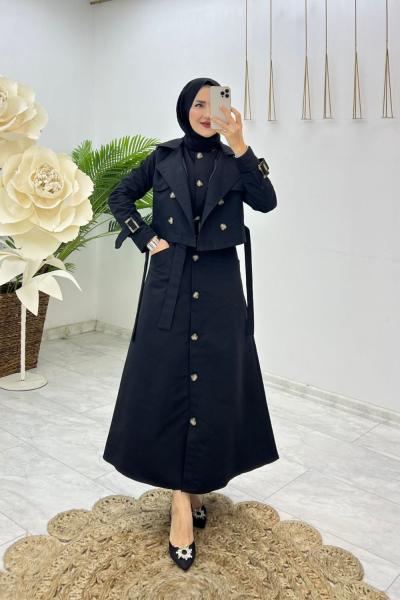 Siyah Astarlı Almira Trench Takım Tesettür Giyim