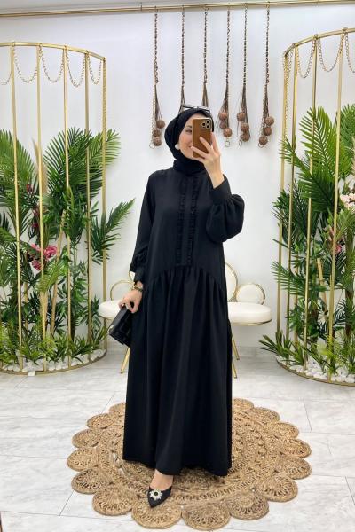 Siyah Avşar Keten Elbise Tesettür Giyim