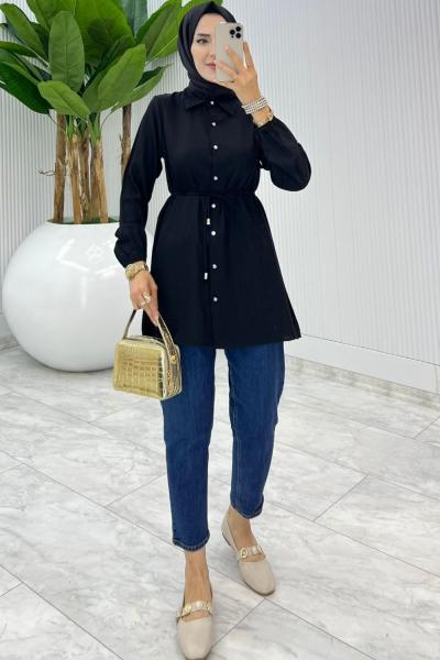 Siyah Bağcıklı Gömlek Tesettür Giyim