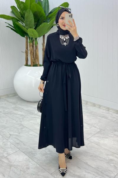 Siyah Premium Düğmeli Elbise Tesettür Giyim