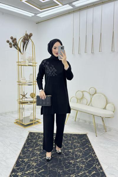 Siyah Pullu Triko Takım Tesettür Giyim
