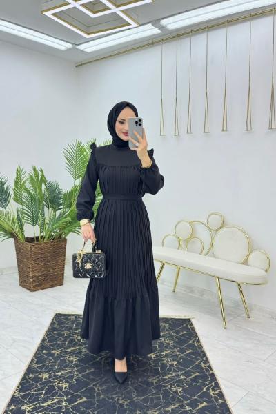 Siyah Şevval Piliseli Elbise Tesettür Giyim