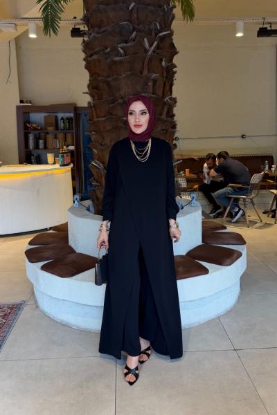 Siyah Sude Medine İpeği Krep Kumaş Pantolonlu Tesettür Giyim