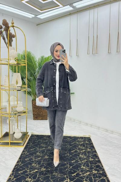 Siyah Şura Tasarım Kot Ceket Tesettür Giyim