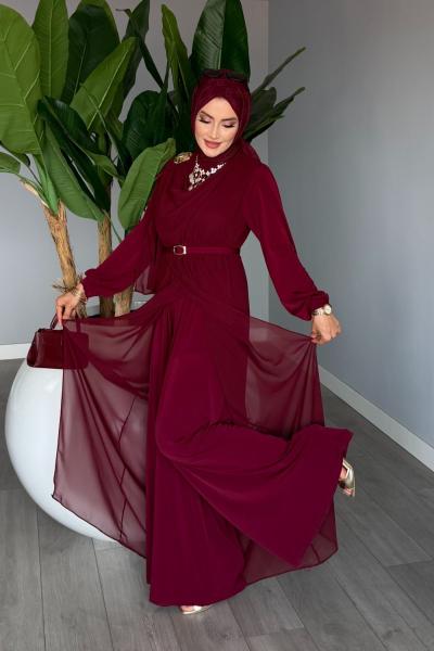 Vişne Linet  Kemerli Tulum Premium Seri Tasarım Tesettür Giyim
