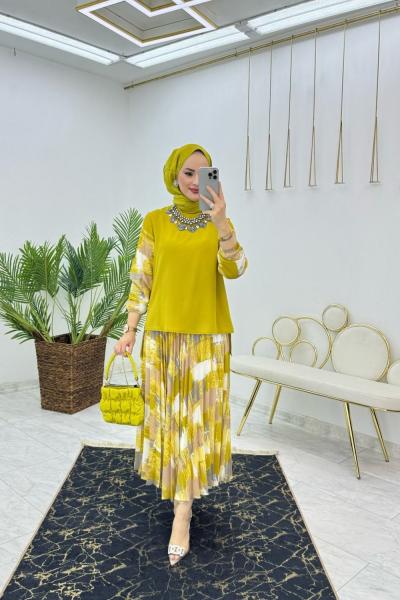 Yağ Yeşili Fırça Desen Takım Tesettür Giyim