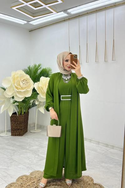 Yağ Yeşili Premıum Fulya Abaya Tulum Takım Tesettür Giyim
