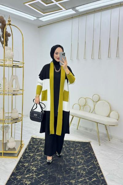 Yağ Yeşil Nadide Üçlü Triko Takım Tesettür Giyim