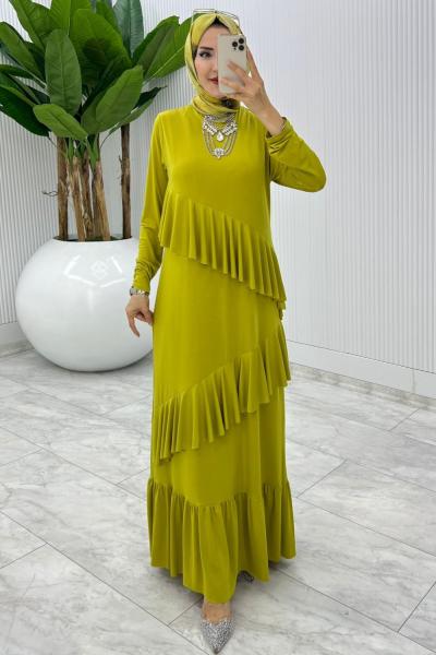 Yağ Yeşili Premium Tijen Elbise Tesettür Giyim
