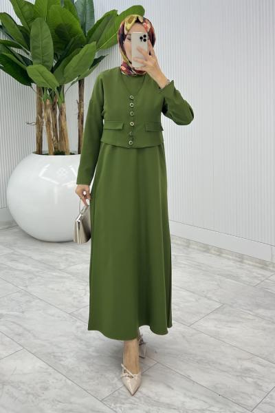 Yeşil  Hasibe Elbise Takım Tesettür Giyim