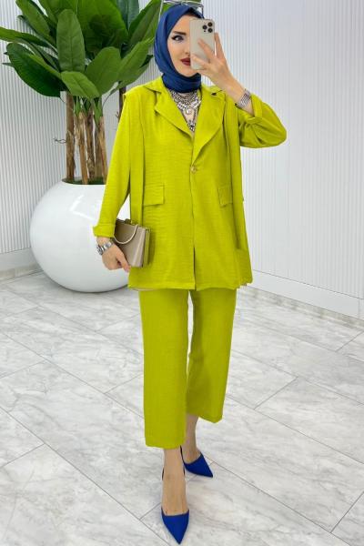 Yeşil Tek Düğme Ceket Takım Tesettür Giyim
