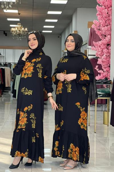 Çiçekli Elbise Hardal Hardal Sarısı