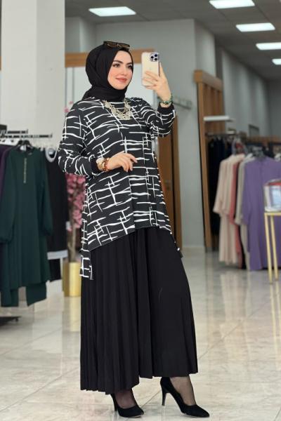 Çizgi Detaylı Etek Takım Siyah Siyah