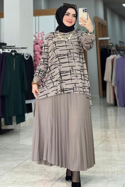 Çizgi Detaylı Etek Takım Vizon Vizon