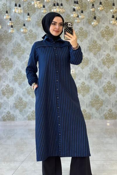 Çizgili Gömlek Saks Mavisi Saks Mavisi