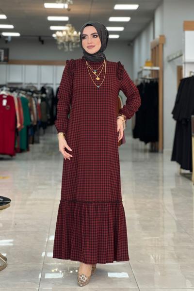 Ebrar Fırfırlı Elbise Bordo Bordo Kemik