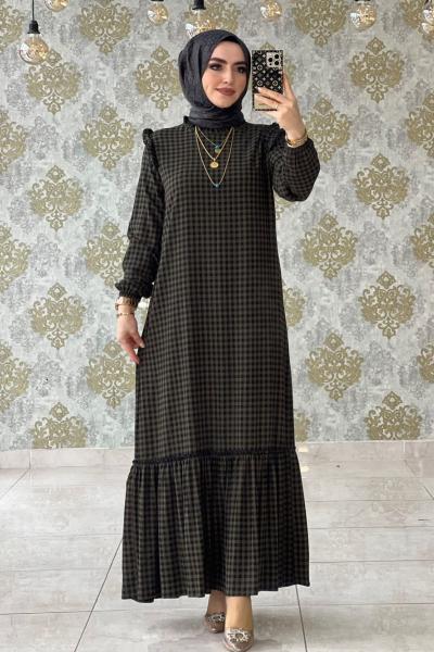 Ebrar Fırfırlı Elbise Haki Haki Kemik