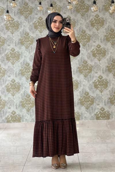 Ebrar Fırfırlı Elbise Kiremit Taba