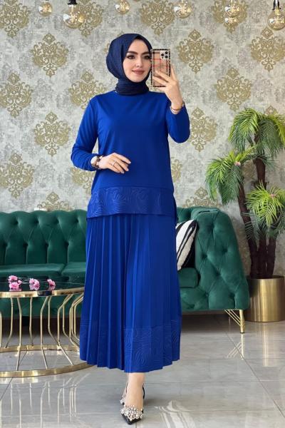 Gül Etekli Takım Saks Mavisi Saks Mavisi