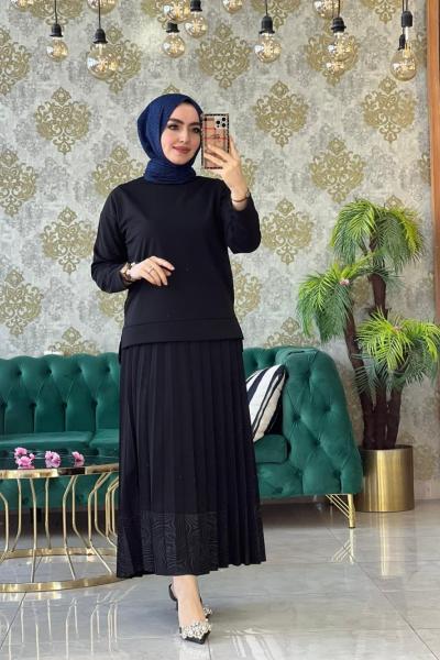 Gül Etekli Takım Siyah Siyah