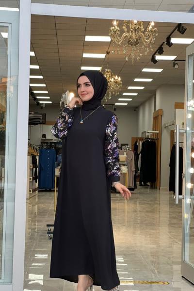 Kolları Desenli Elbise Siyah  Siyah