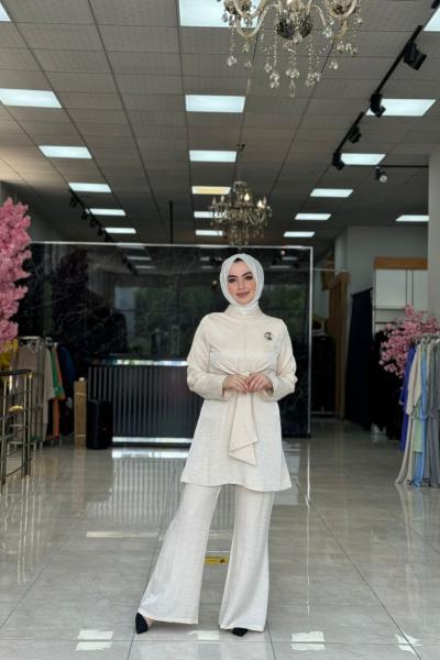 Kuşak Detaylı Takım Taş Taş Rengi