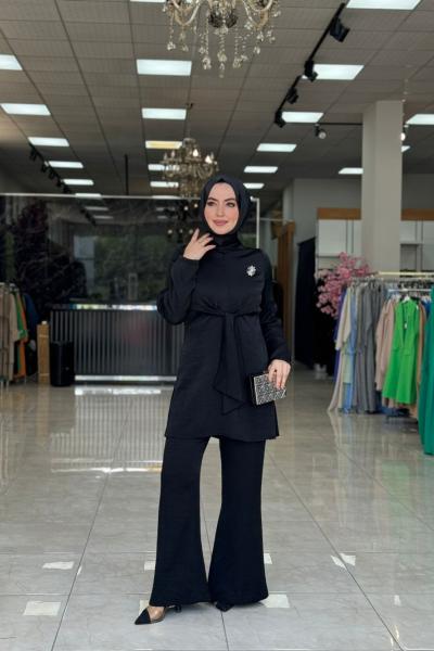 Kuşak Detaylı Takım Siyah Siyah