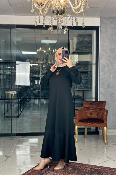 Kuvars Reglan Kol Elbise-Siyah Siyah