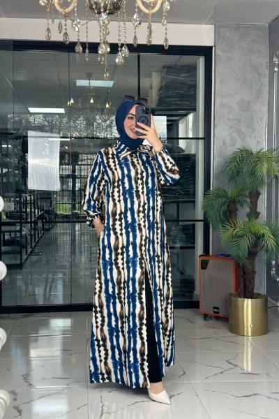 Lenna Uzun Gömlek-İndigo mavi indigo