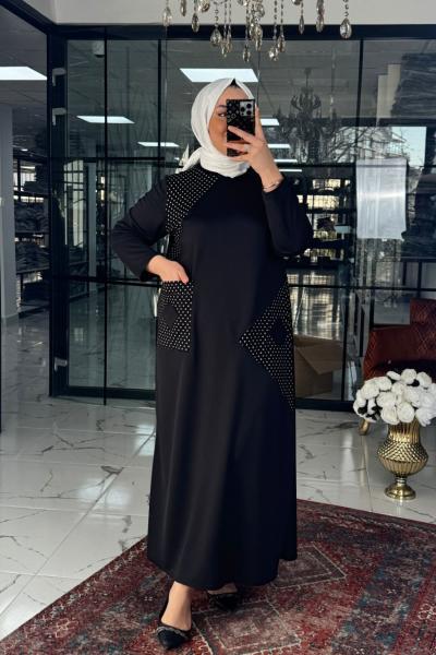 Serap Elbise Puantiyeli-siyah taba Siyah Taba