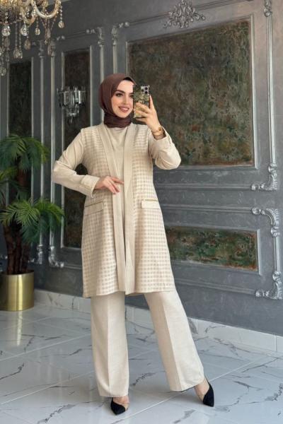 Üçlü Keten Takım Taş Taş Rengi